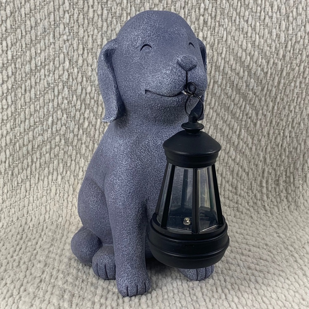 Solar Powered Dog Statue‎ Holding Lantern Garden Decor Outdoor Lawn Ornament